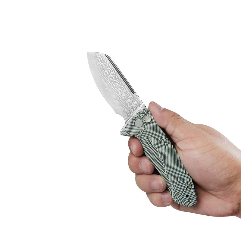 Creon Small Pocket Knife with Button Lock White Green G10 Handle 2.87" Damascus Steel KU336A