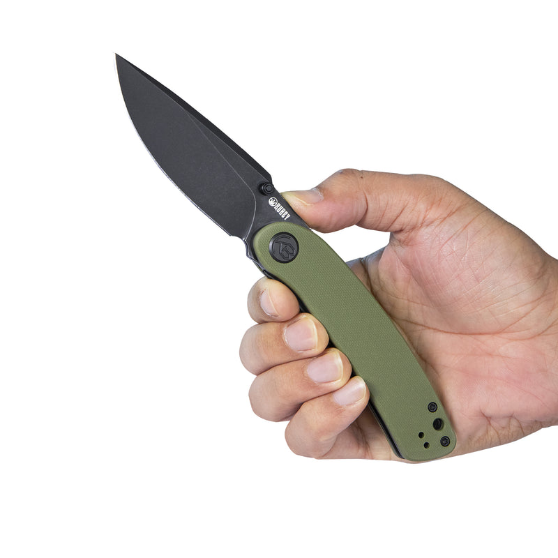 Momentum Sherif Manganas Design Liner Lock Front Flipper / Dual Studs Open Folding Knife Green G10 Handle 3.43" Darkwashed D2 KU344B