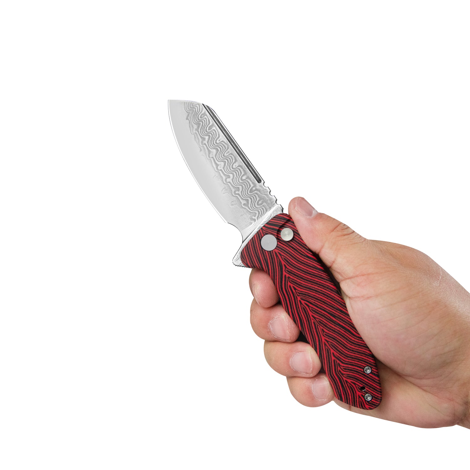 Creon Small Pocket Knife with Button Lock Red Black G10 Handle 2.87" Damascus Steel KU336B