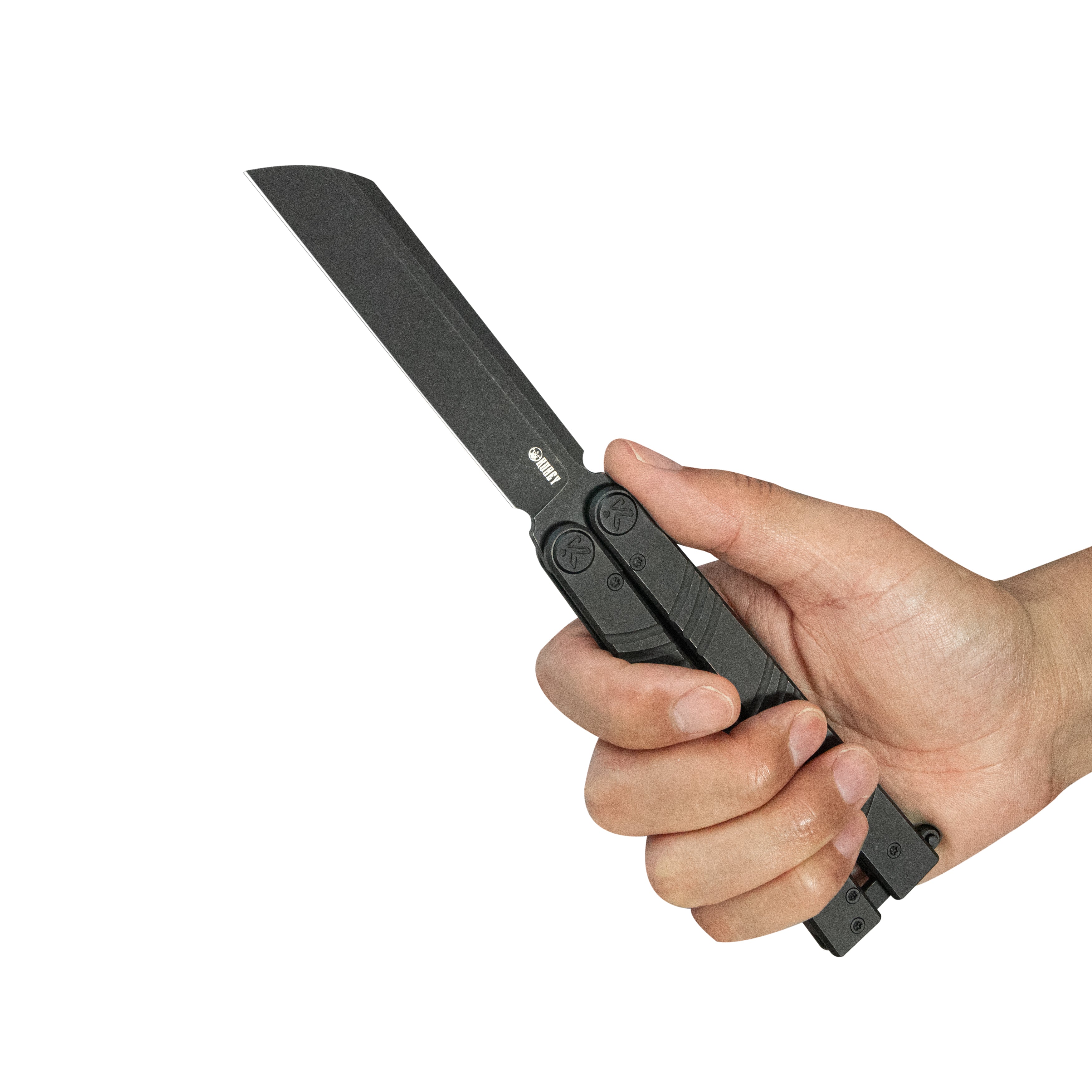 Kubey Ballistic EDC Basilong Blackwash Titanium Handle 4.09" Blackwash Sandvik 14C28N  Blade Knife KU297C