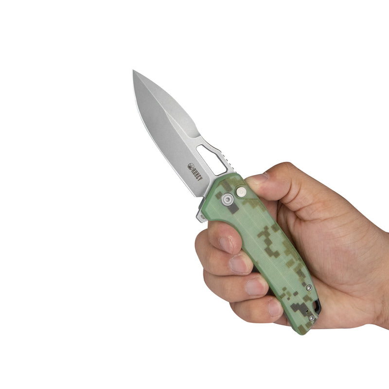 RDF Pocket Knife with Button Lock, Full-Contoured Camo G-10 Handle 3.11" Bead Blasted AUS-10 Blade, Lightweight Hydra Designed Folding Knife for EDC KU316C