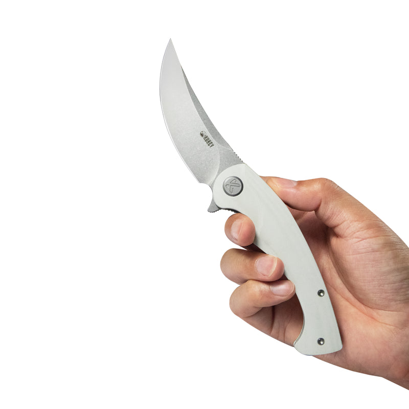 Scimitar Liner Lock Folding Knife White G10 Handle 3.46" Bead Blast 14C28N KU173I