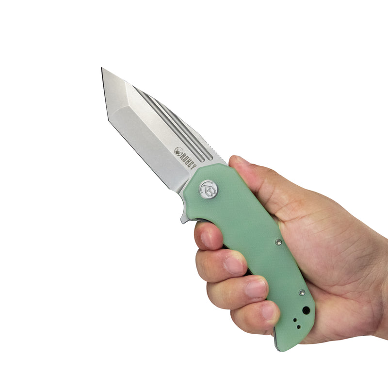 Mikkel Willumsen Design Bravo one Tanto Outdoor Folding Camping Knife Jade G10 Handle 3.39" Beadblast AUS-10 KU318D