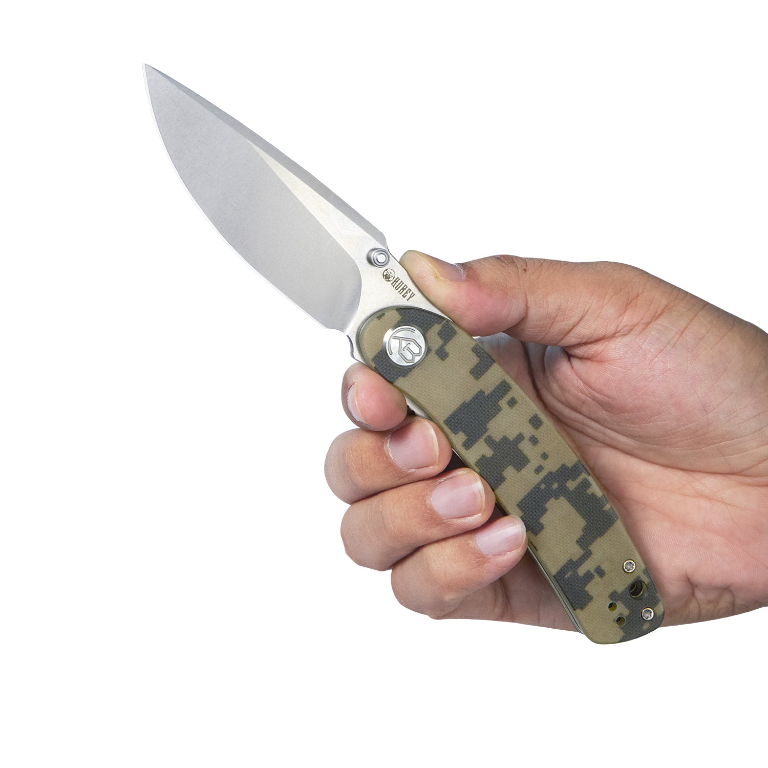 Momentum Sherif Manganas Design Liner Lock Front Flipper / Dual Studs Open Folding Knife Camo G10 Handle 3.43" Bead Blasted D2 KU344D