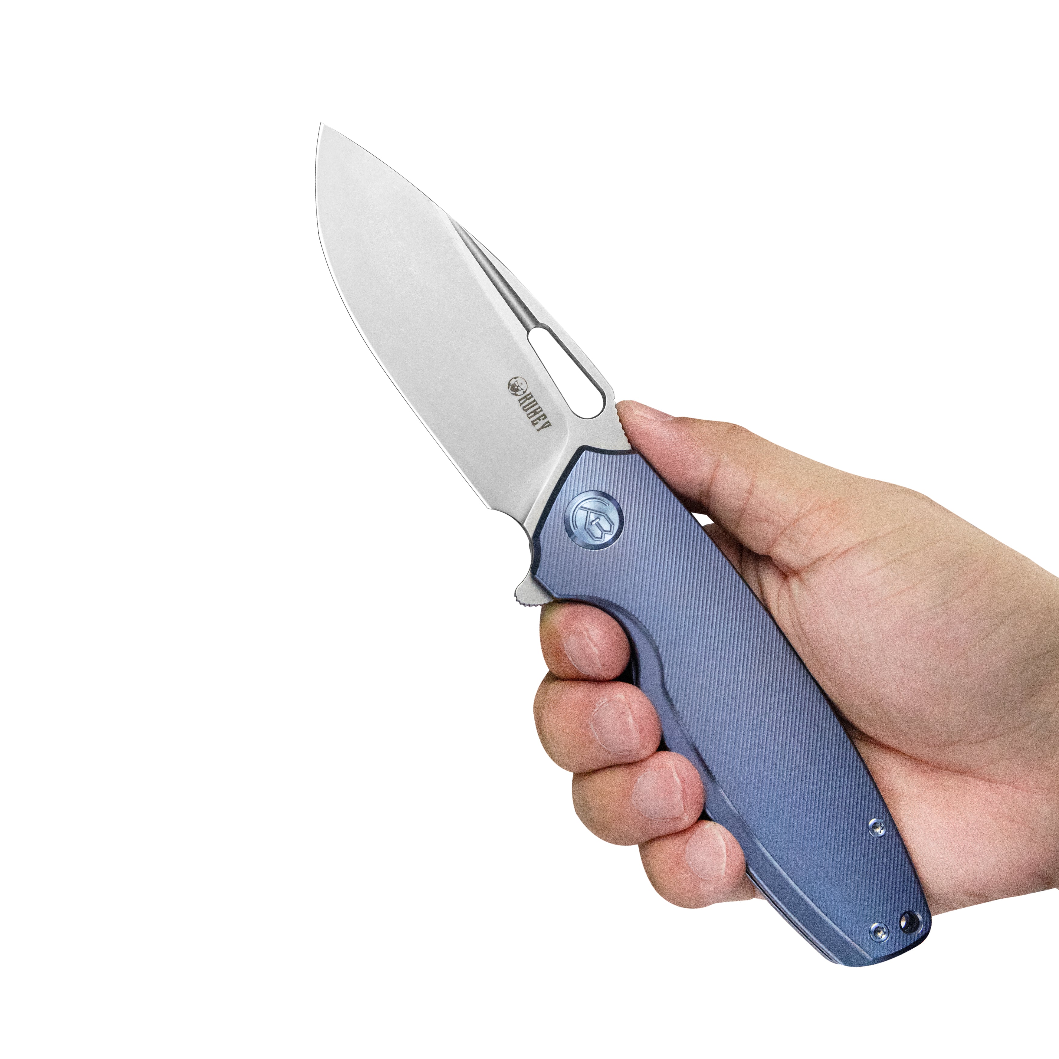 Tityus Frame Lock Flipper Folding Knife Blue 6AL4V Contoured Titanium Handle 3.39" Bead Blasted 14C28N KB360D