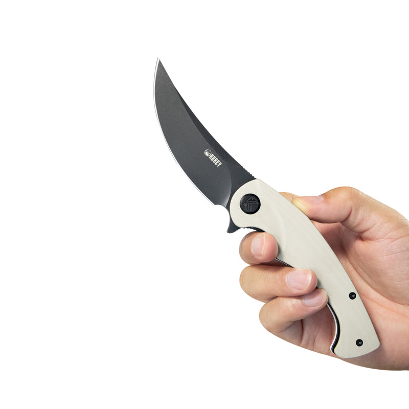 Scimitar Liner Lock Folding Knife White G10 Handle 3.46" Blackwash 14C28N KU173J