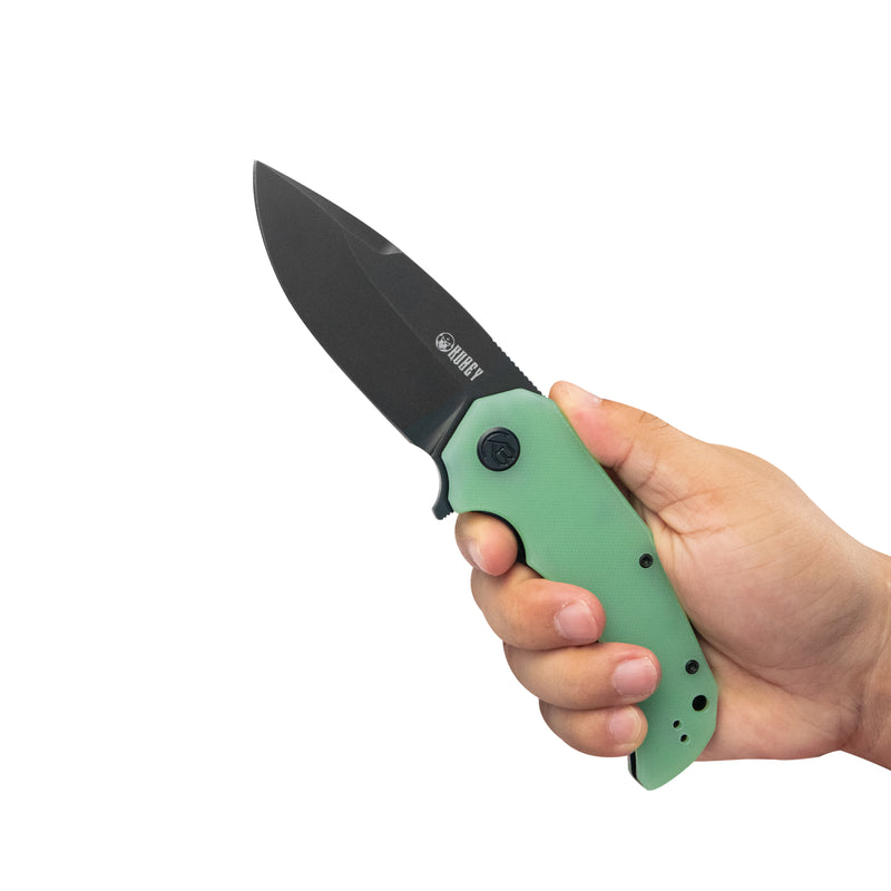 Mikkel Willumsen Design Bravo one Drop Point Outdoor Folding Camping Knife Jade G10 Handle 3.39" Blackwash AUS-10 KU319C