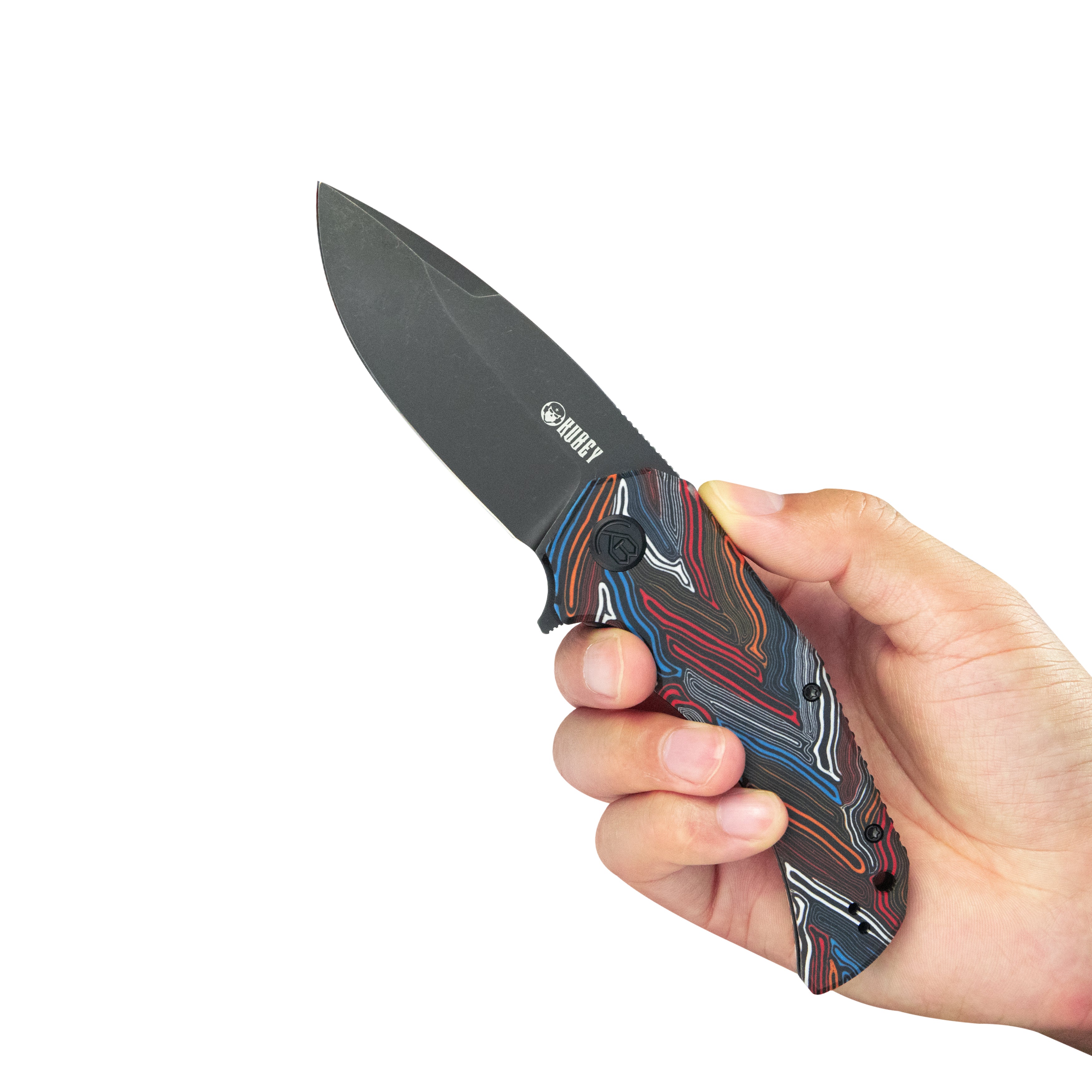 Mikkel Willumsen Design Bravo one Drop Point Outdoor Folding Camping Knife Damascus Pattern Colorful G10 Handle 3.39" Blackwash AUS-10 KU319F