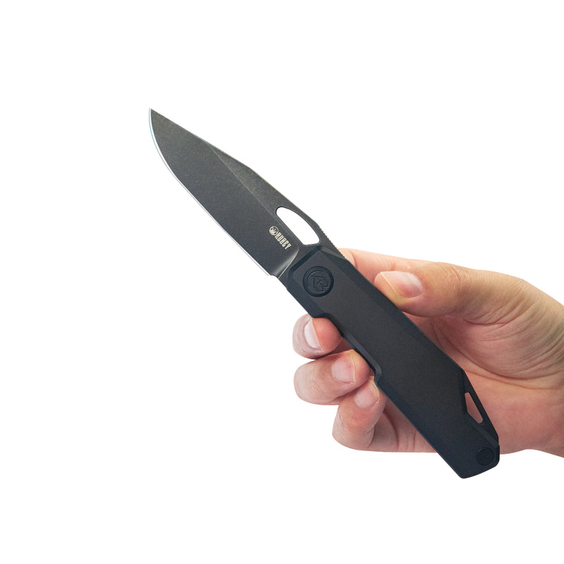 Verijero Fronter Flipper Pocket Folding Knife Black Coating 6AL4V Titanium Handle 3.35" Blackwash 14C28N KB340D