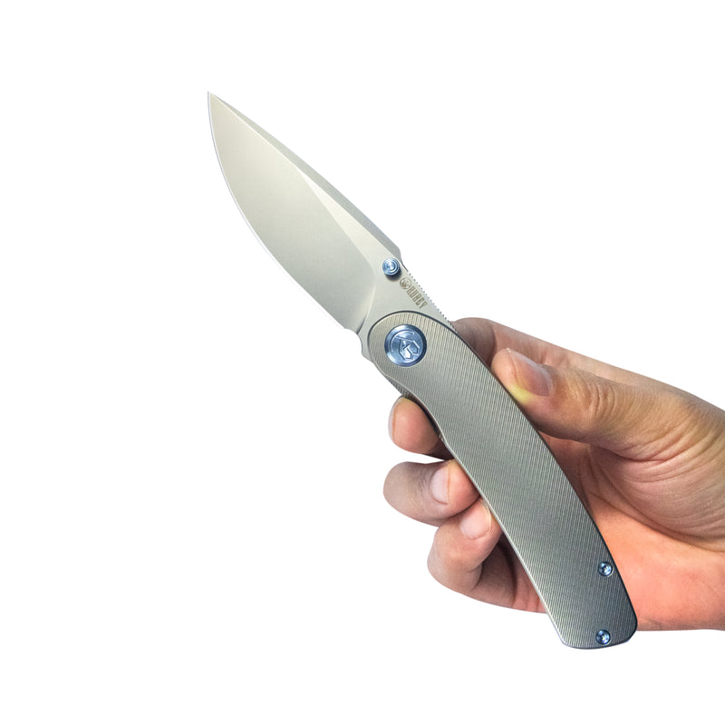 Momentum Frame Lock Front Flipper Pocket Folding Knife Grey Titanium Handle 3.43" Beadblast M390 KB386A
