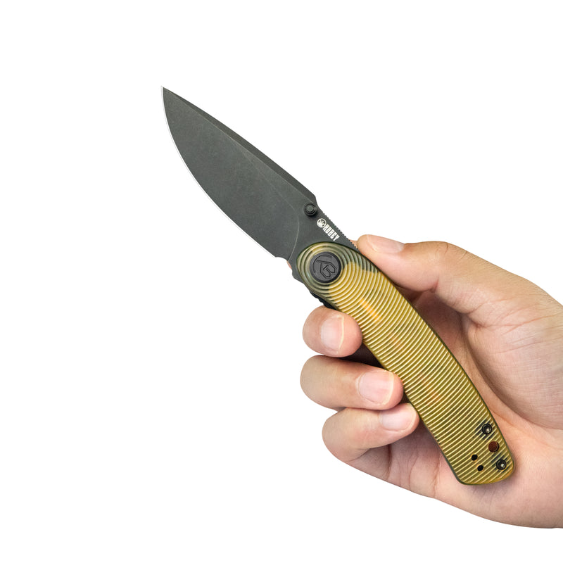 Momentum Sherif Manganas Design Liner Lock Front Flipper / Dual Studs Open Folding Knife Ultem Handle 3.43" Dark Stonewashed AUS-10 KU344N