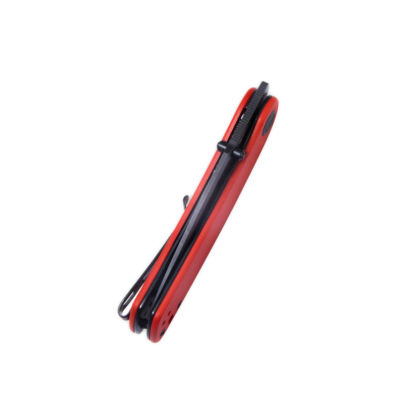 Momentum Sherif Manganas Design Liner Lock Front Flipper / Dual Studs Open Folding Knife Red G10 Handle 3.43" Dark Stonewashed AUS-10 KU344I