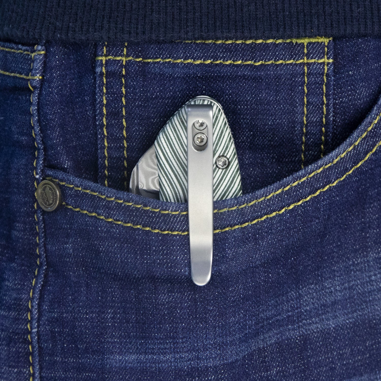 Creon Small Pocket Knife with Button Lock White Green G10 Handle 2.87" Damascus Steel KU336A