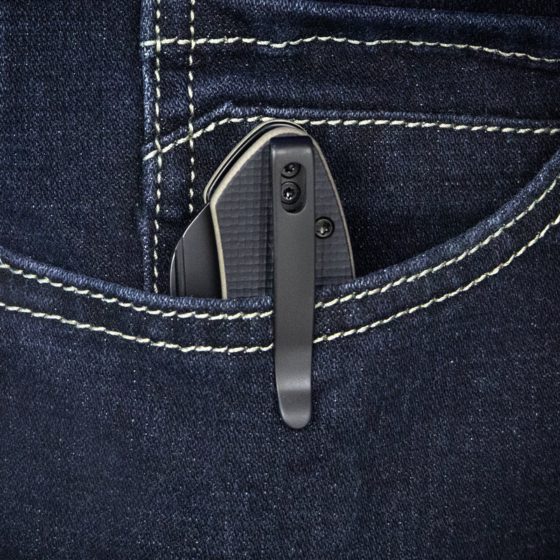 Creon Small Pocket Knife with Button Lock Black-tan G10 Handle 2.87" Blackwashed AUS-10 KU336F