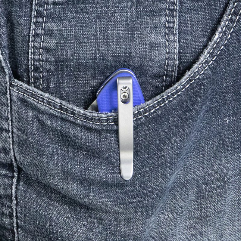 Creon Small Pocket Knife with Button Lock Blue G10 Handle 2.87" Beadblasted AUS-10 KU336C