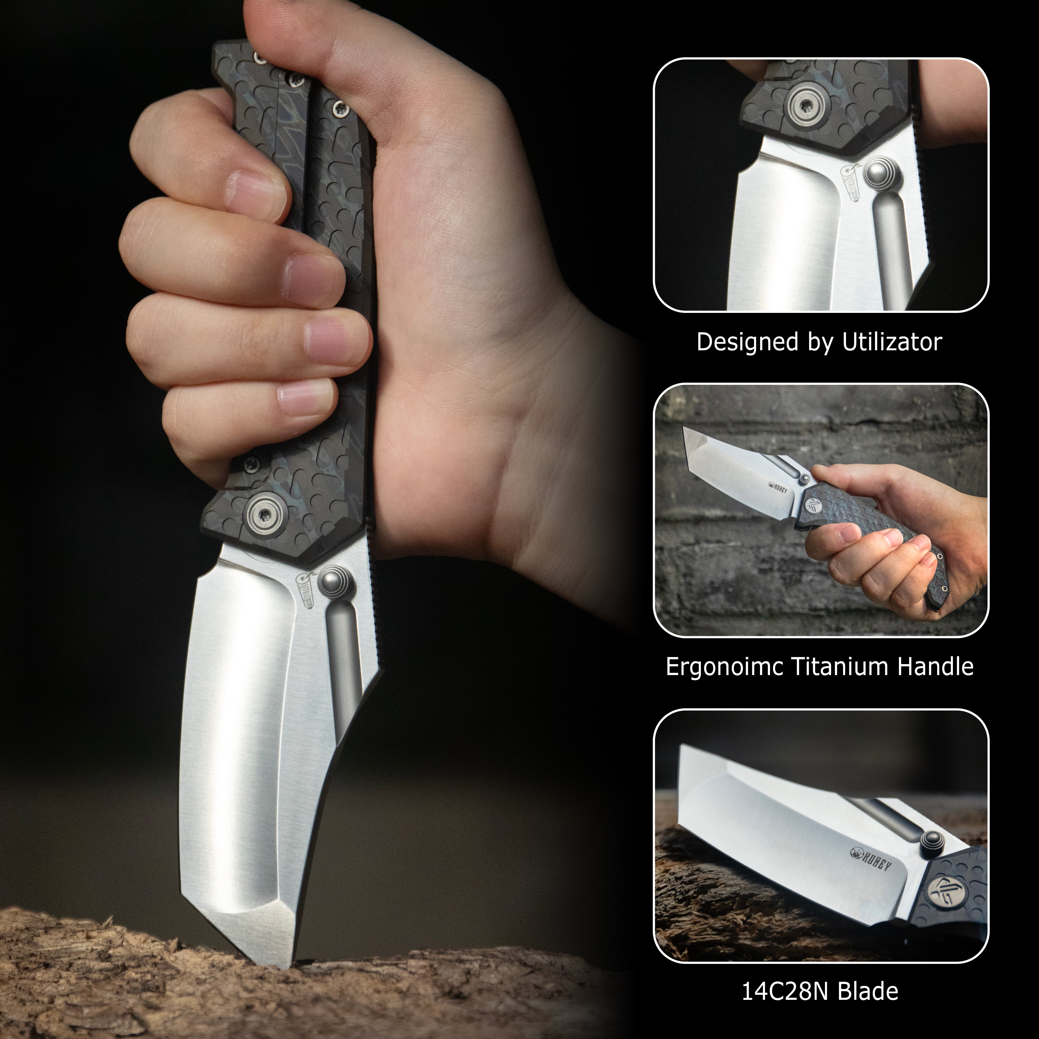 Kubey Hamster Frame Lock Folding Knife Flame Titanium Handle 3.46
