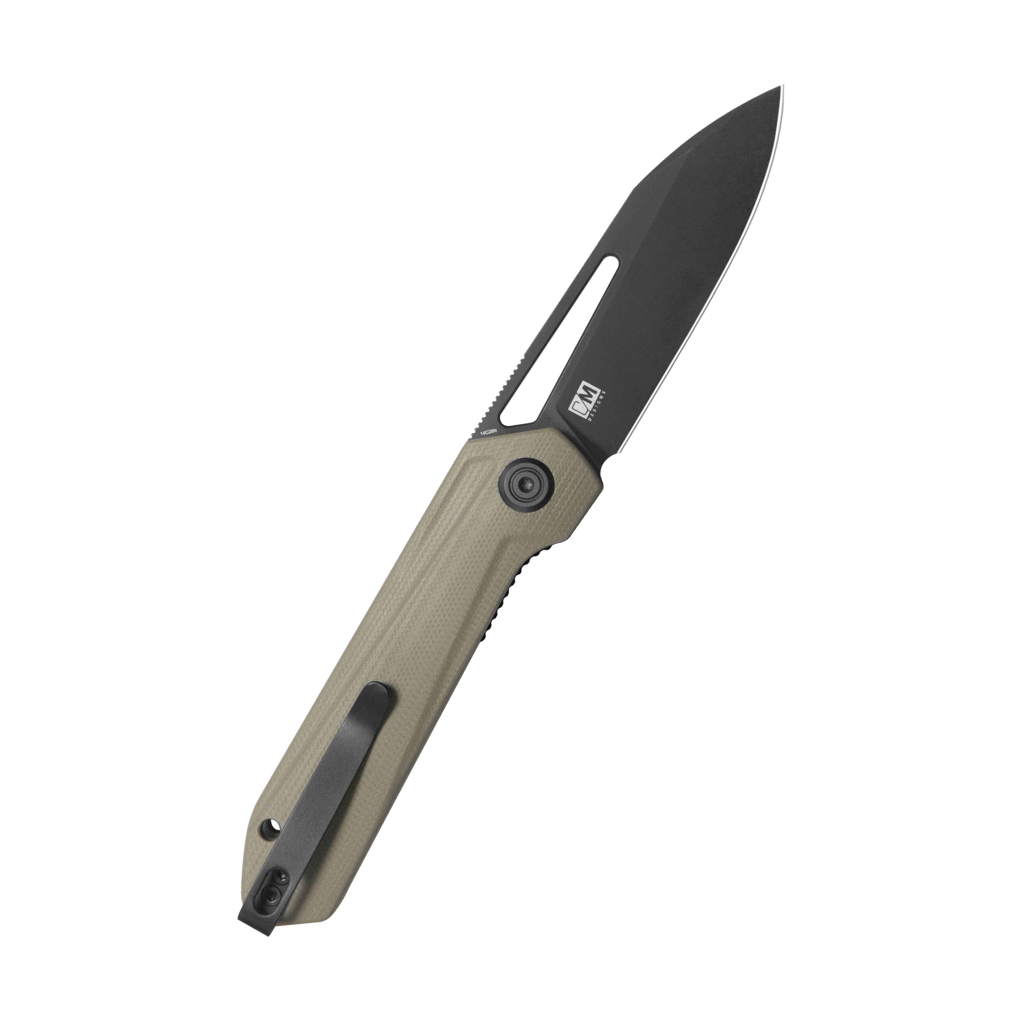 Kubey Royal CM Designs EDC Pocket Knife Front Flipper Khaki G10 Handle 2.99" Blackwash 14C28N KU321V