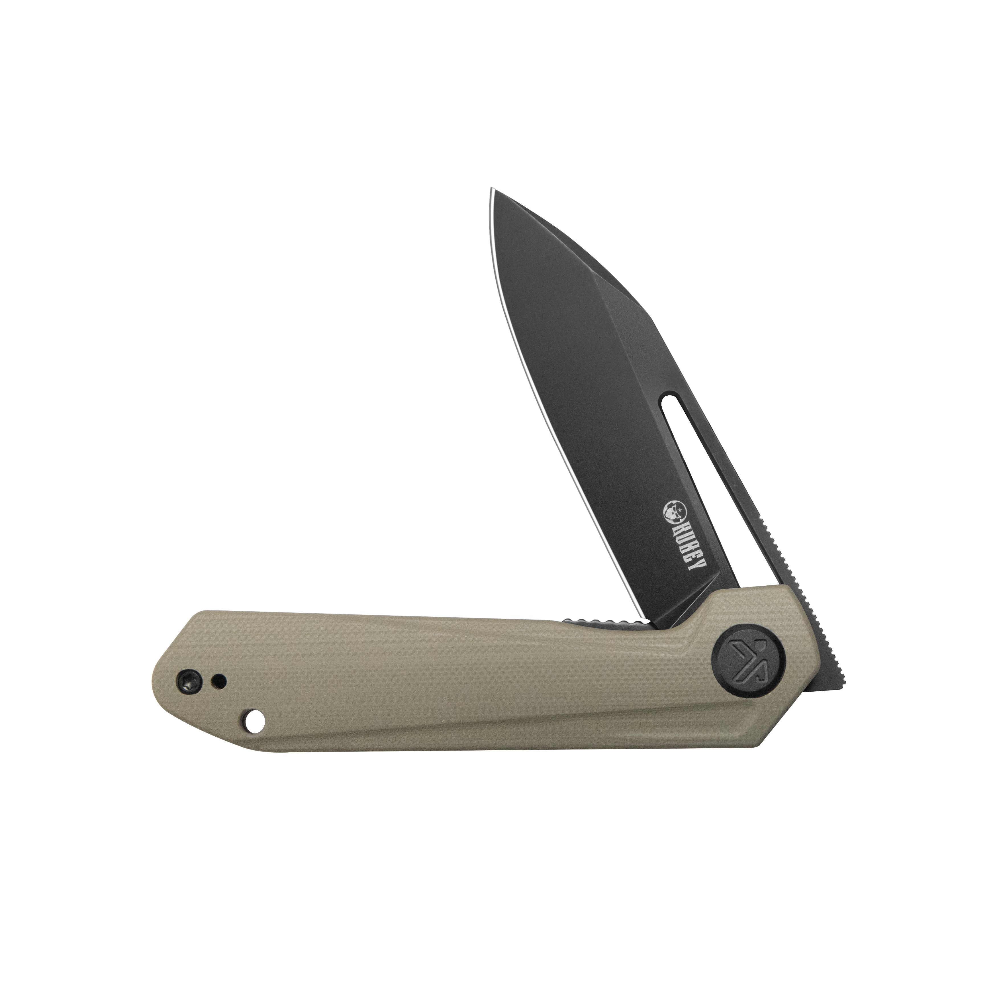 Kubey Royal CM Designs EDC Pocket Knife Front Flipper Khaki G10 Handle 2.99" Blackwash 14C28N KU321V
