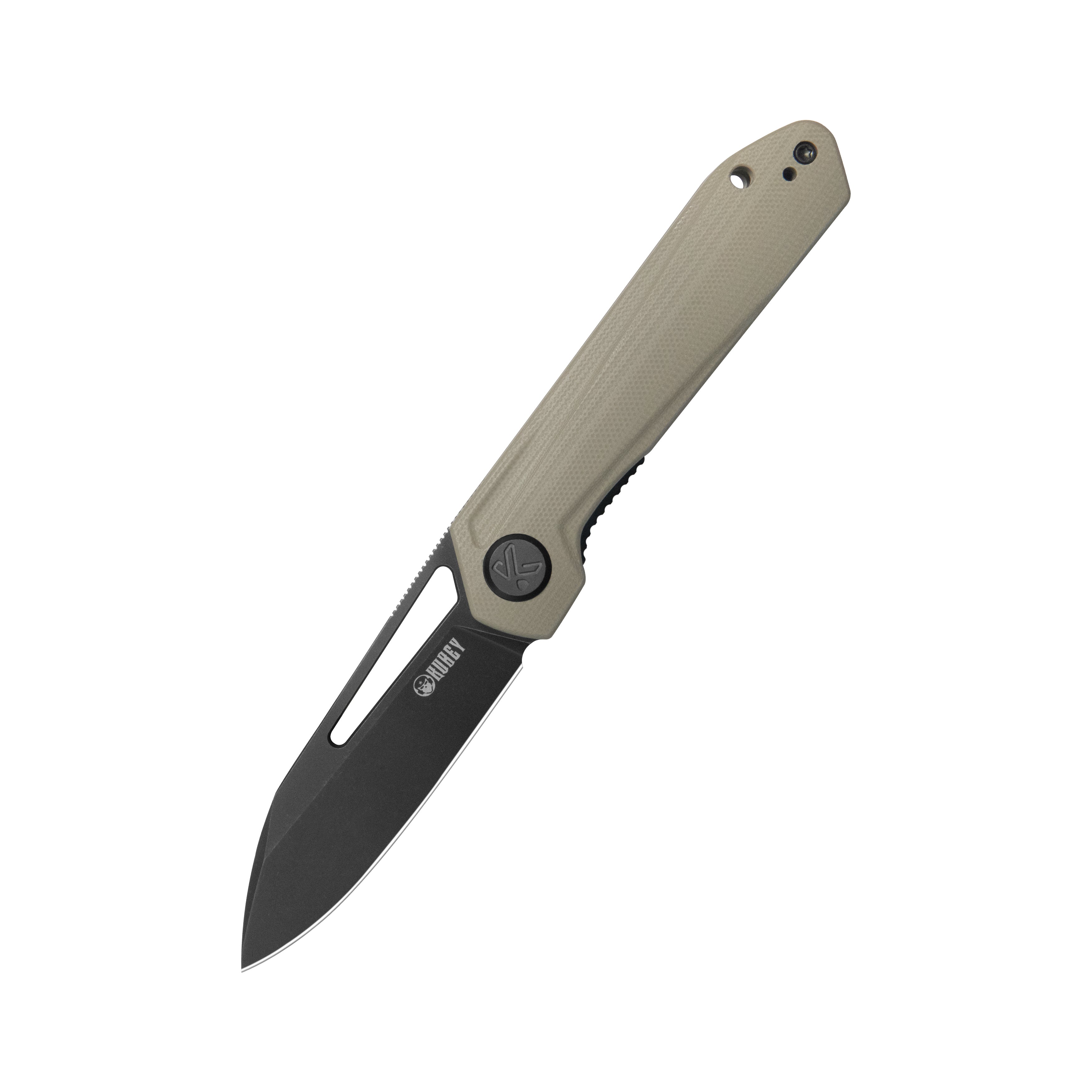 Kubey Royal CM Designs EDC Pocket Knife Front Flipper Khaki G10 Handle 2.99" Blackwash 14C28N KU321V