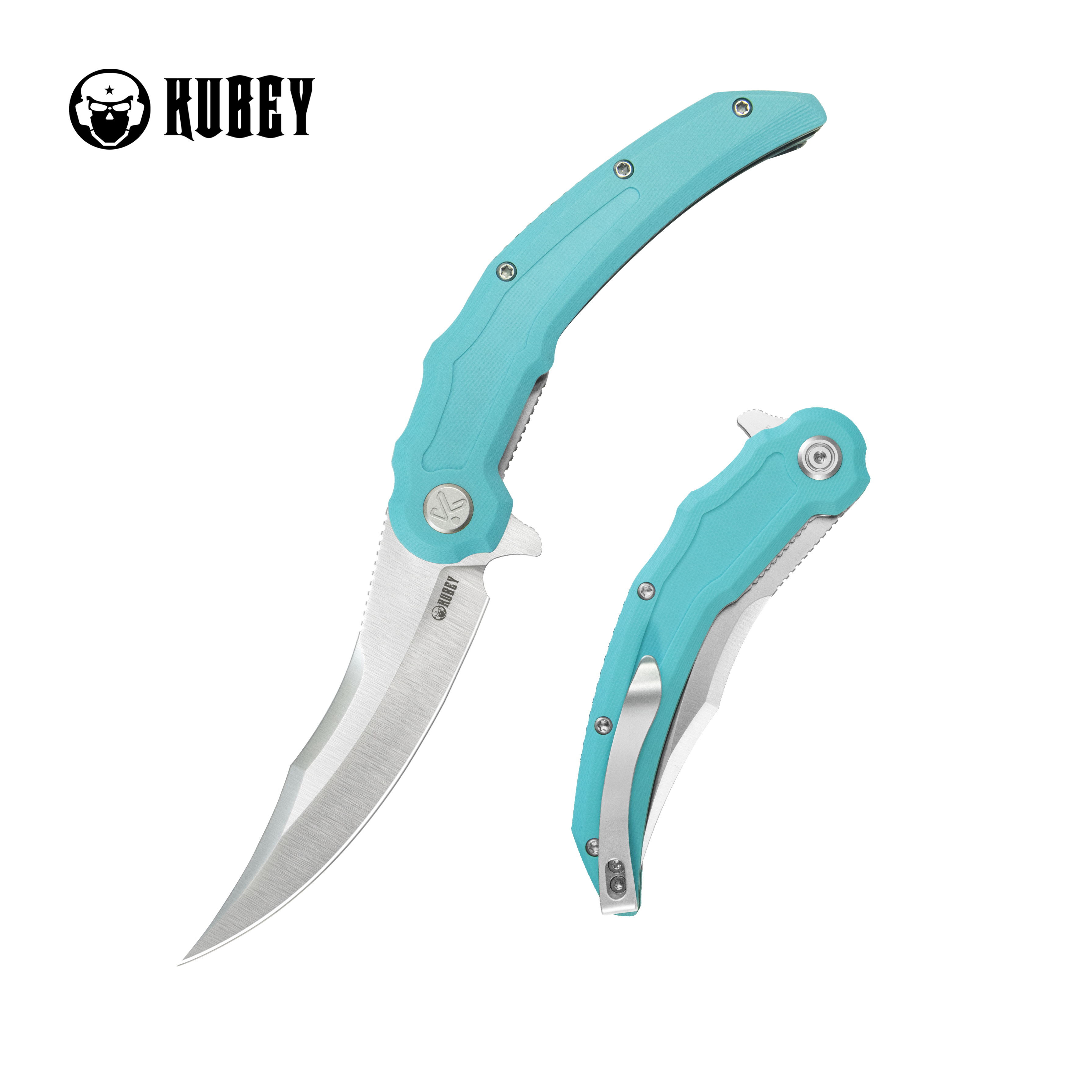 Kubey Wave Crest Karambit Liner Lock Folding Knife Tiffany Blue G10 Handle 3.78" Satin 14C28N KU346B