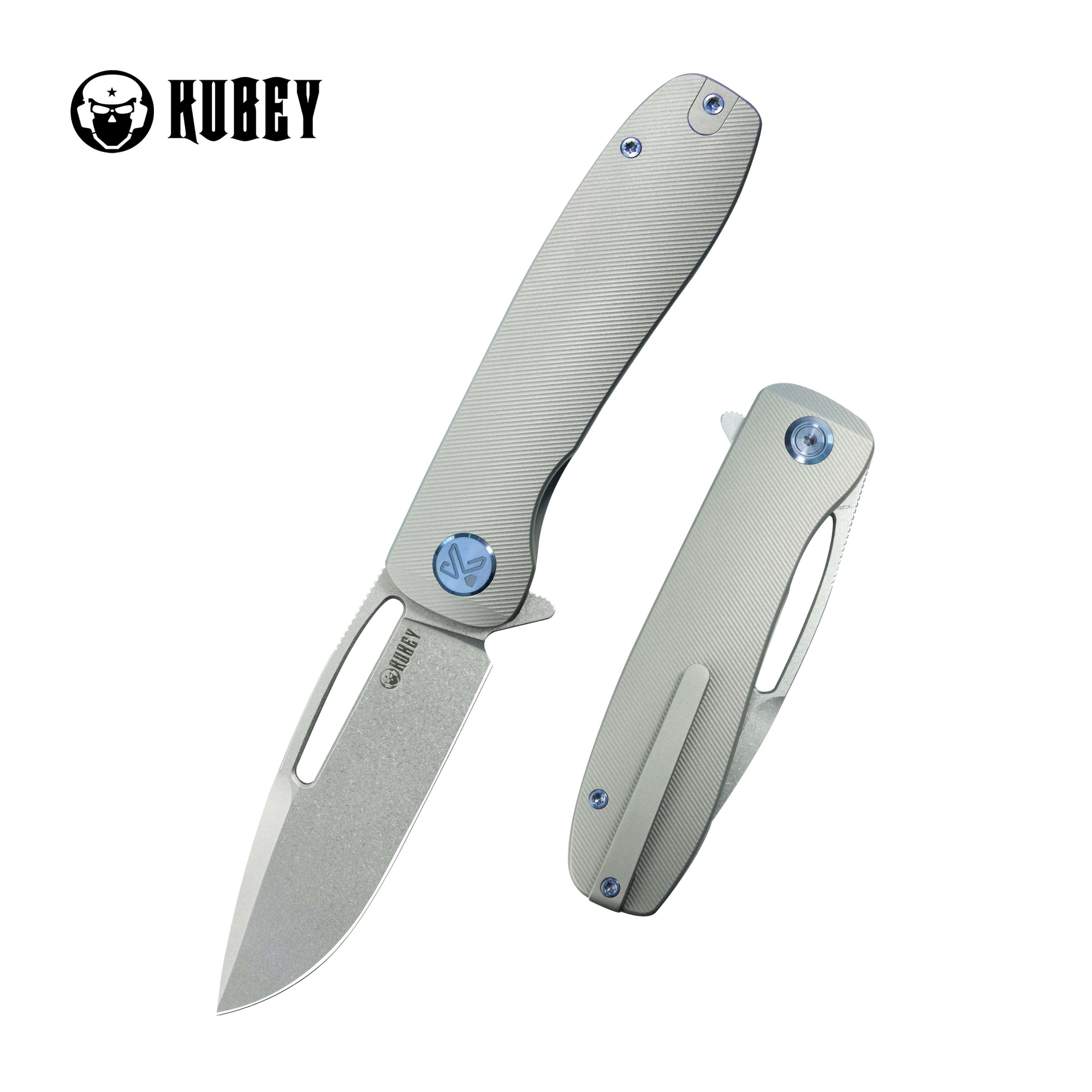 Kubey Supercell Pocket Knife Grey Titanium Handle 3.46" Stonewash 14C28N Blade KU353A