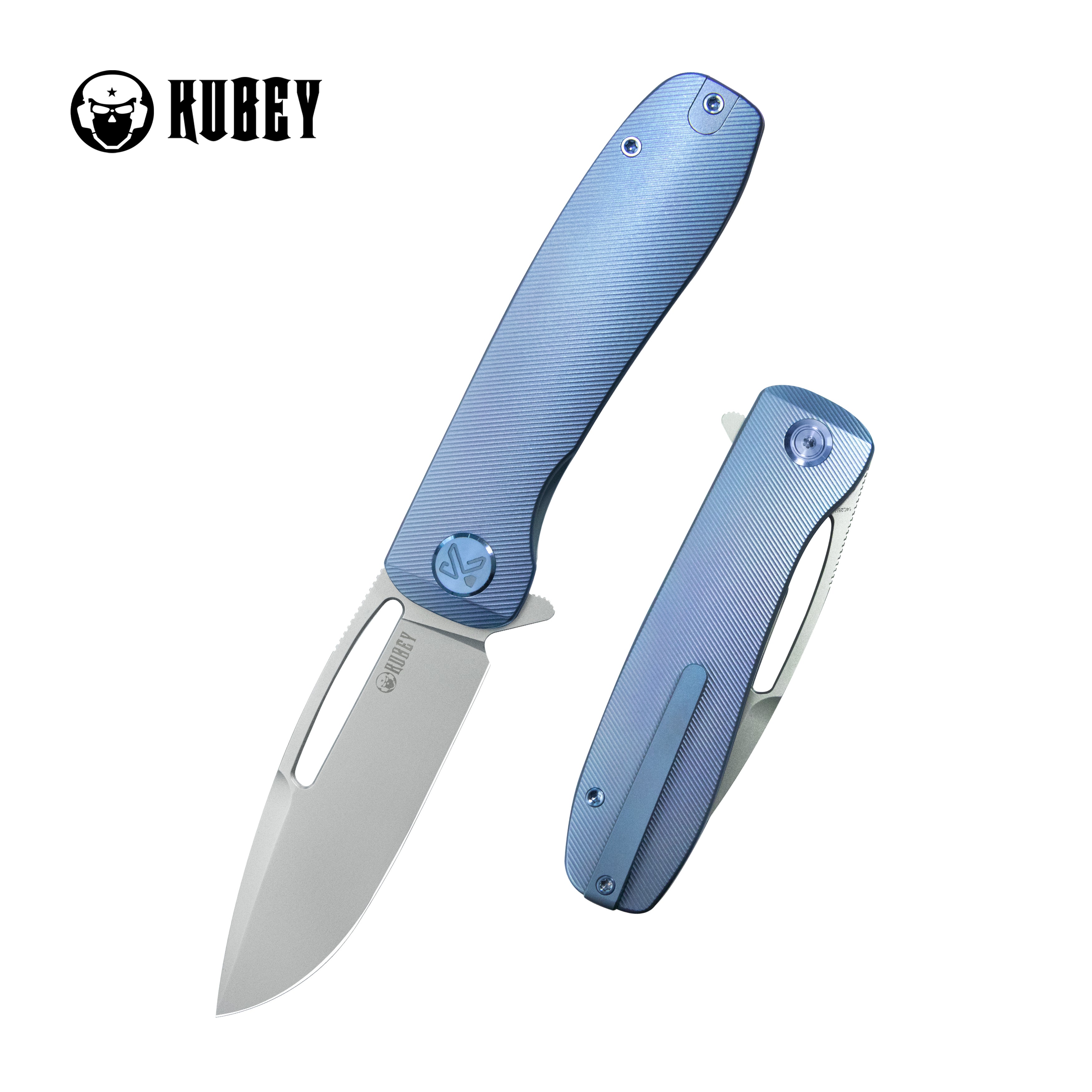 Kubey Supercell Pocket Knife Blue Titanium Handle 3.46" Stonewash 14C28N Blade KU353B