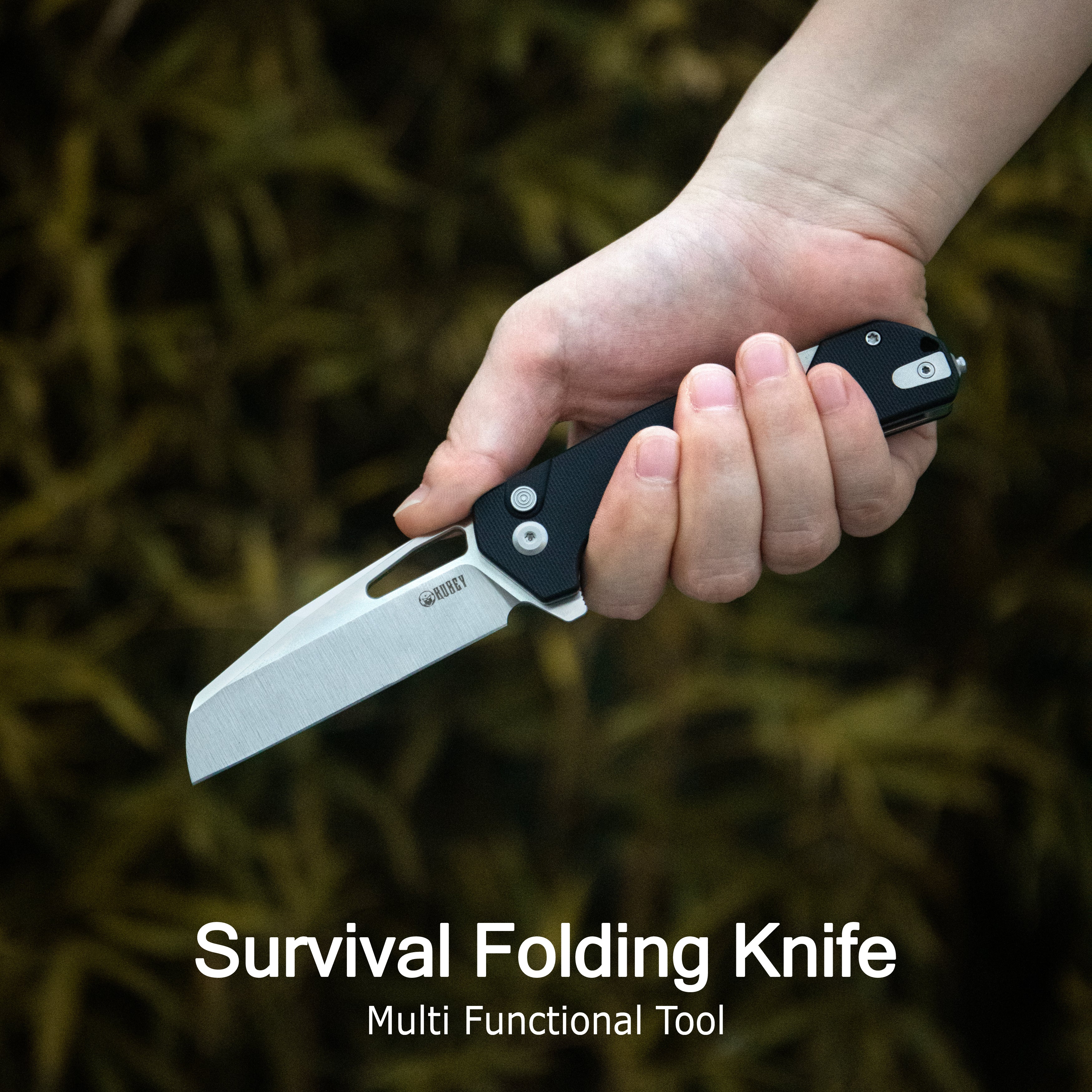 10-8 Button Lock Survival Folding Knife Yellow G10 Handle 3.15" Satin 14C28N KU363C