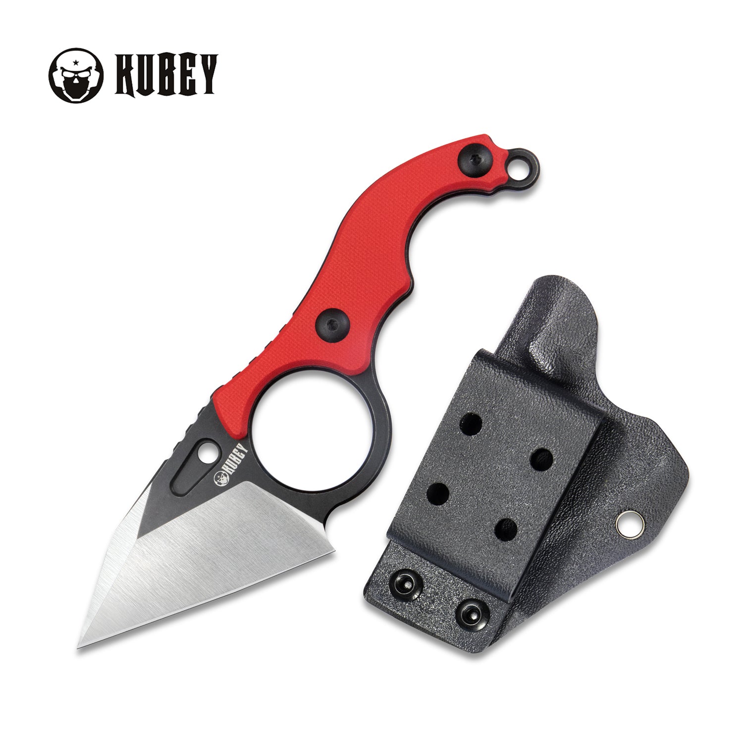 Hippocam Kubey Klappmesser Fixed Blade Knife Finger Ring Red G10 Handle 2.36" Satin and Blackwash D2 Blade KU166D