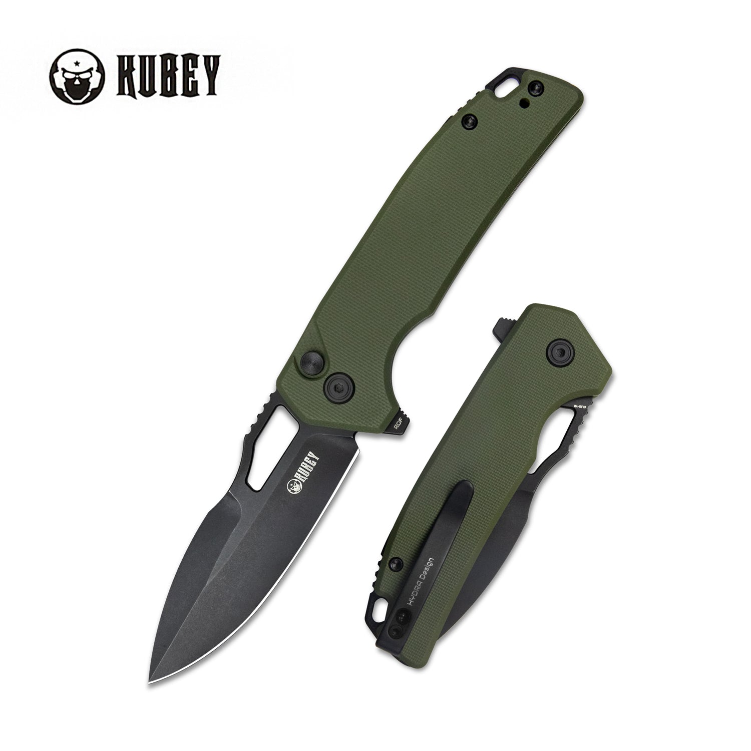 RDF Pocket Knife with Button Lock, Full-Contoured Green G-10 Handle 3.11" Blackwash AUS-10 Blade, Lightweight Hydra Designed Folding Knife for EDC KU316B