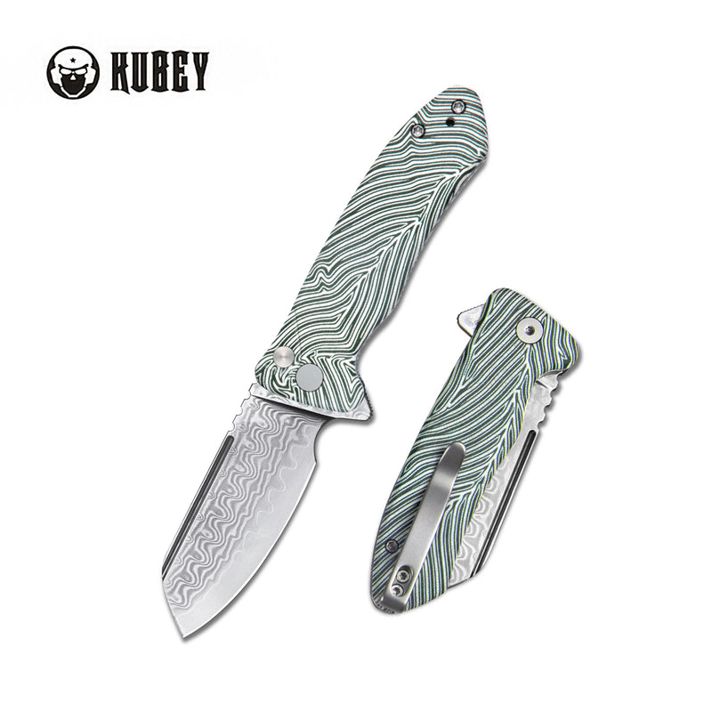 Creon Small Pocket Knife with Button Lock White Green G10 Handle 2.87" Damascus Steel KU336A