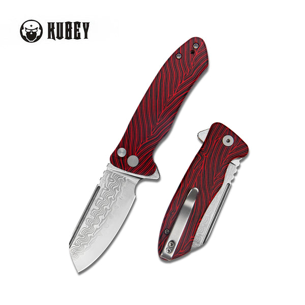 Creon Small Pocket Knife with Button Lock Red Black G10 Handle 2.87" Damascus Steel KU336B