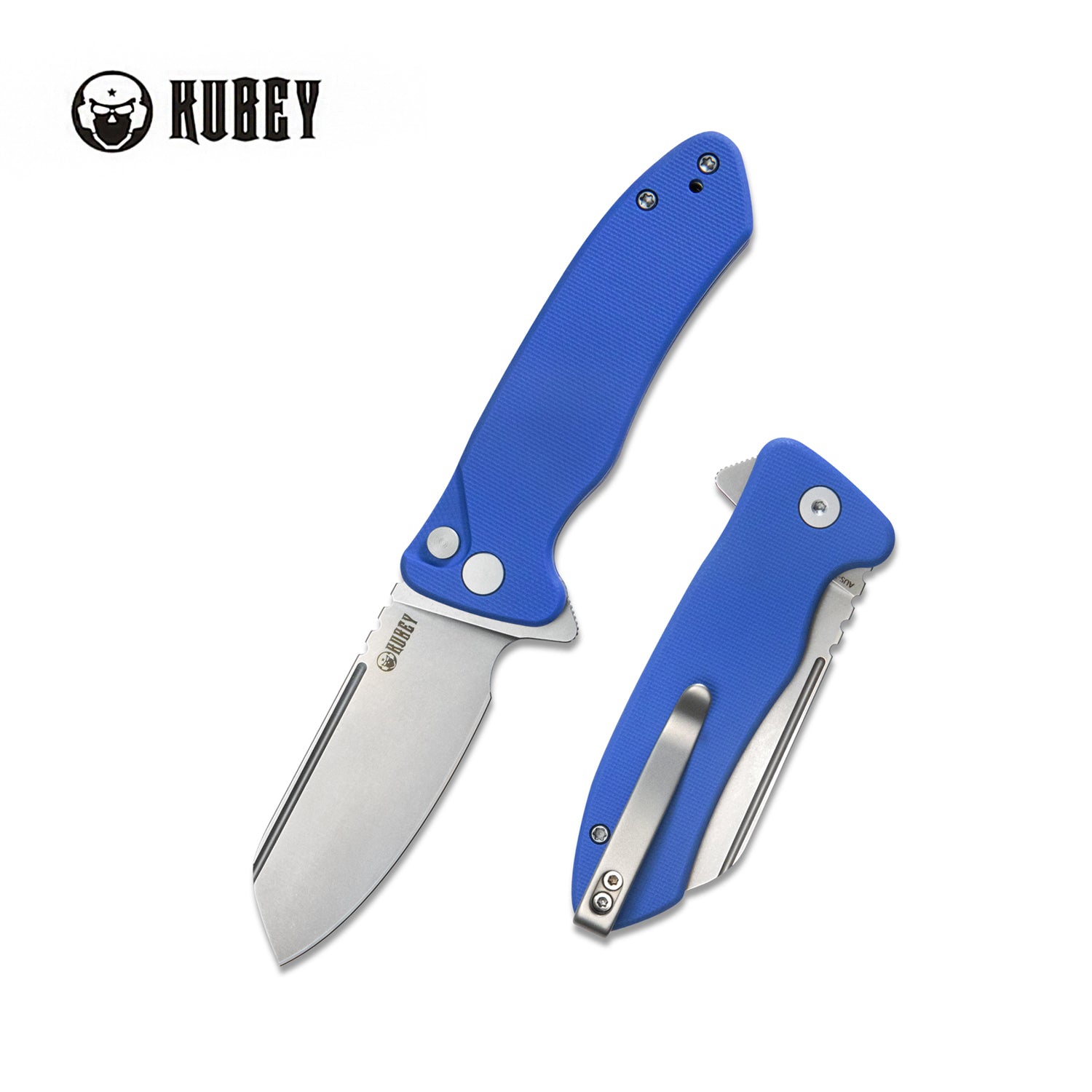 Creon Small Pocket Knife with Button Lock Blue G10 Handle 2.87" Beadblasted AUS-10 KU336C