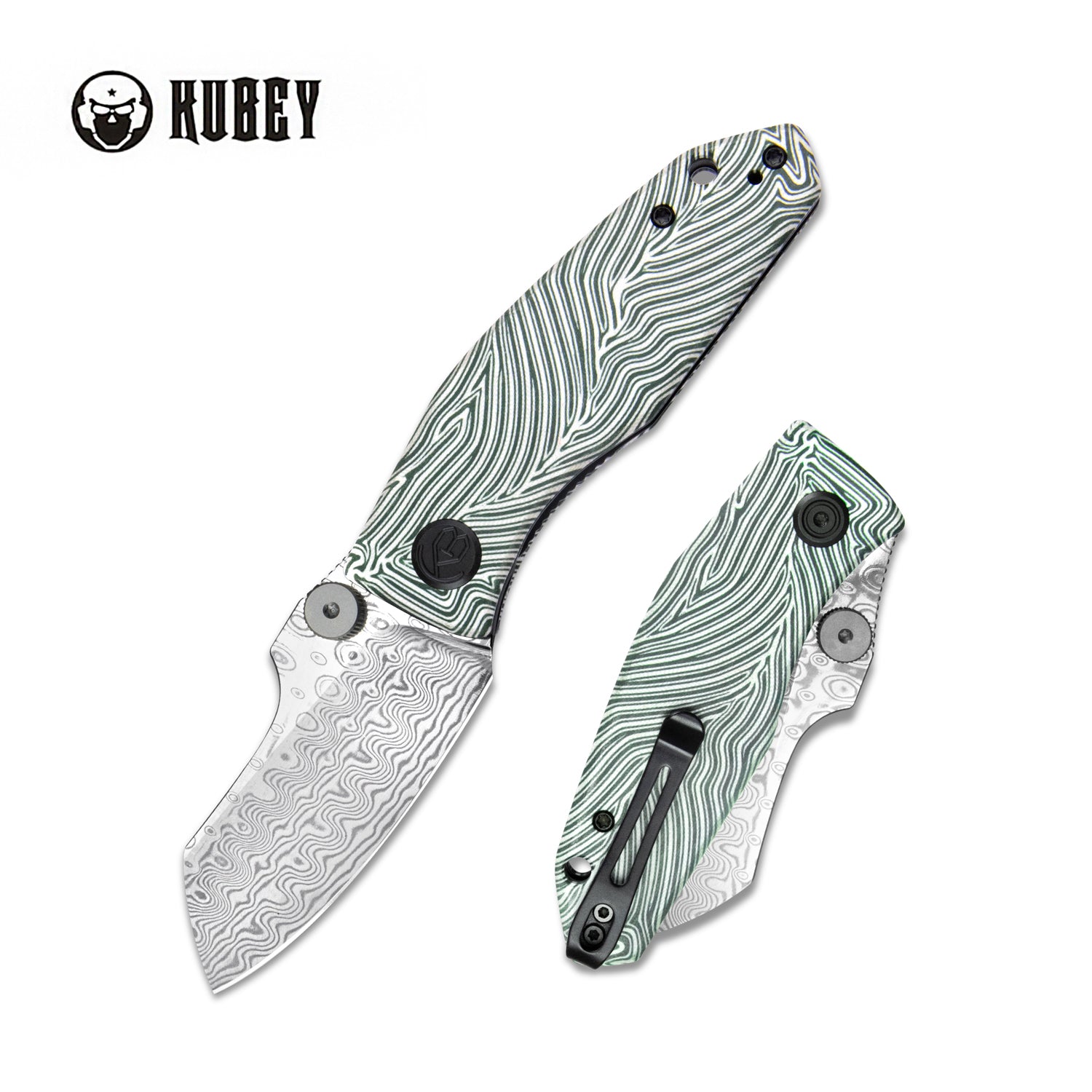 Monsterdog Liner Lock Folding Knife White green G10 Handle 2.95" Damascus KU337E