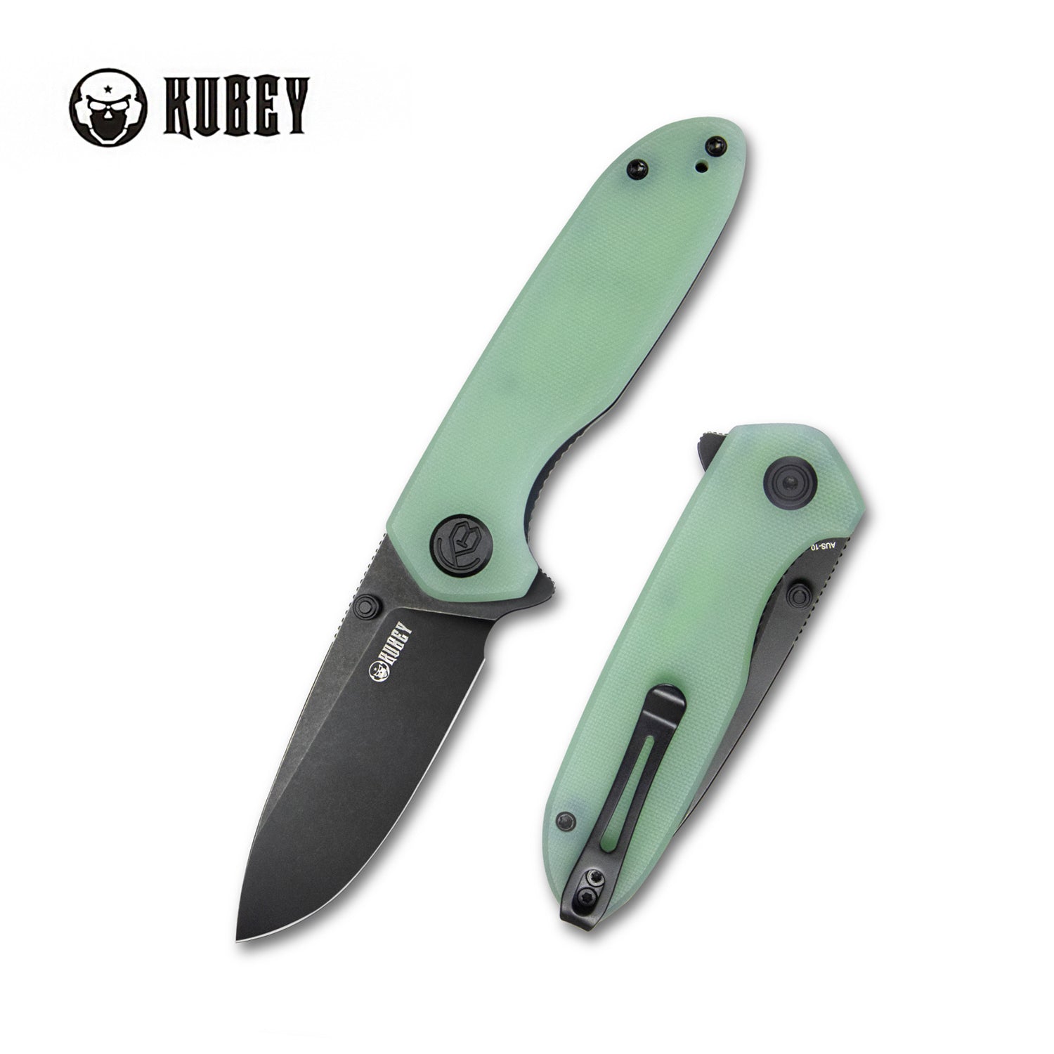 Kubey Belus Thumb Stud Klappmesser Everyday Carry Pocket Knife Jade G10 Handle 2.95" Blackwashed AUS-10 Blade KU342B