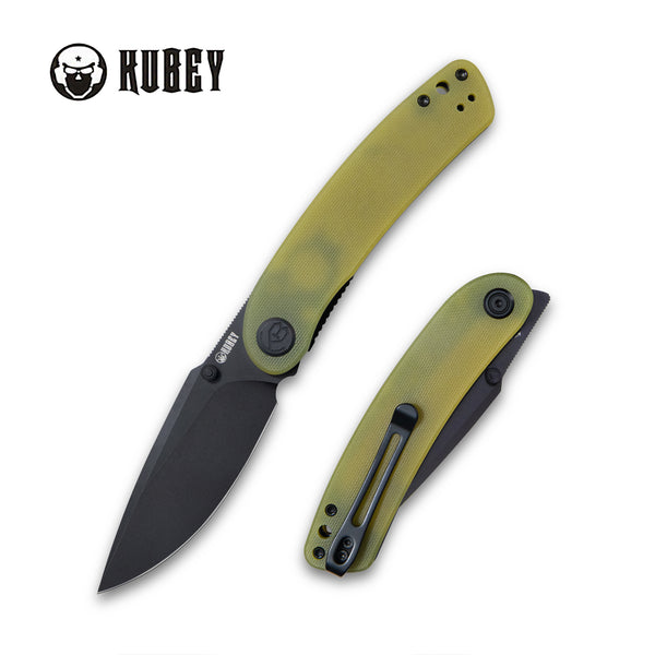 Kubey Momentum Sherif Manganas Design Klappmesser Liner Lock Front Flipper / Dual Studs Open Folding Knife Translucent Yellow G10 Handle 3.43" Dark Stonewashed AUS-10 KU344F