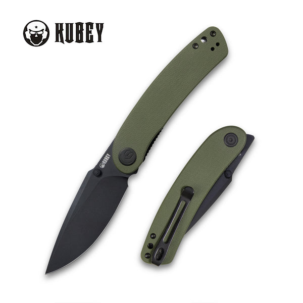 Kubey Momentum Sherif Manganas Design Klappmesser Liner Lock Front Flipper / Dual Studs Open Folding Knife Green G10 Handle 3.43" Dark Stonewashed AUS-10 KU344G