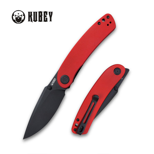 Kubey Momentum Sherif Manganas Design Klappmesser Liner Lock Front Flipper / Dual Studs Open Folding Knife Red G10 Handle 3.43" Dark Stonewashed AUS-10 KU344I