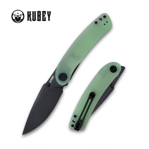 Kubey Momentum Sherif Manganas Design Klappmesser Liner Lock Front Flipper / Dual Studs Open Folding Knife Jade G10 Handle 3.43" Dark Stonewashed AUS-10 KU344J