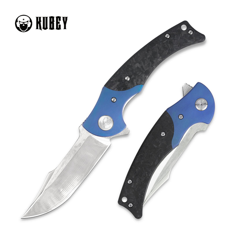Hippo Liner Lock Folding Knife Blue TI/CF Handle (3.9" Black Coated Damascus) DM902B