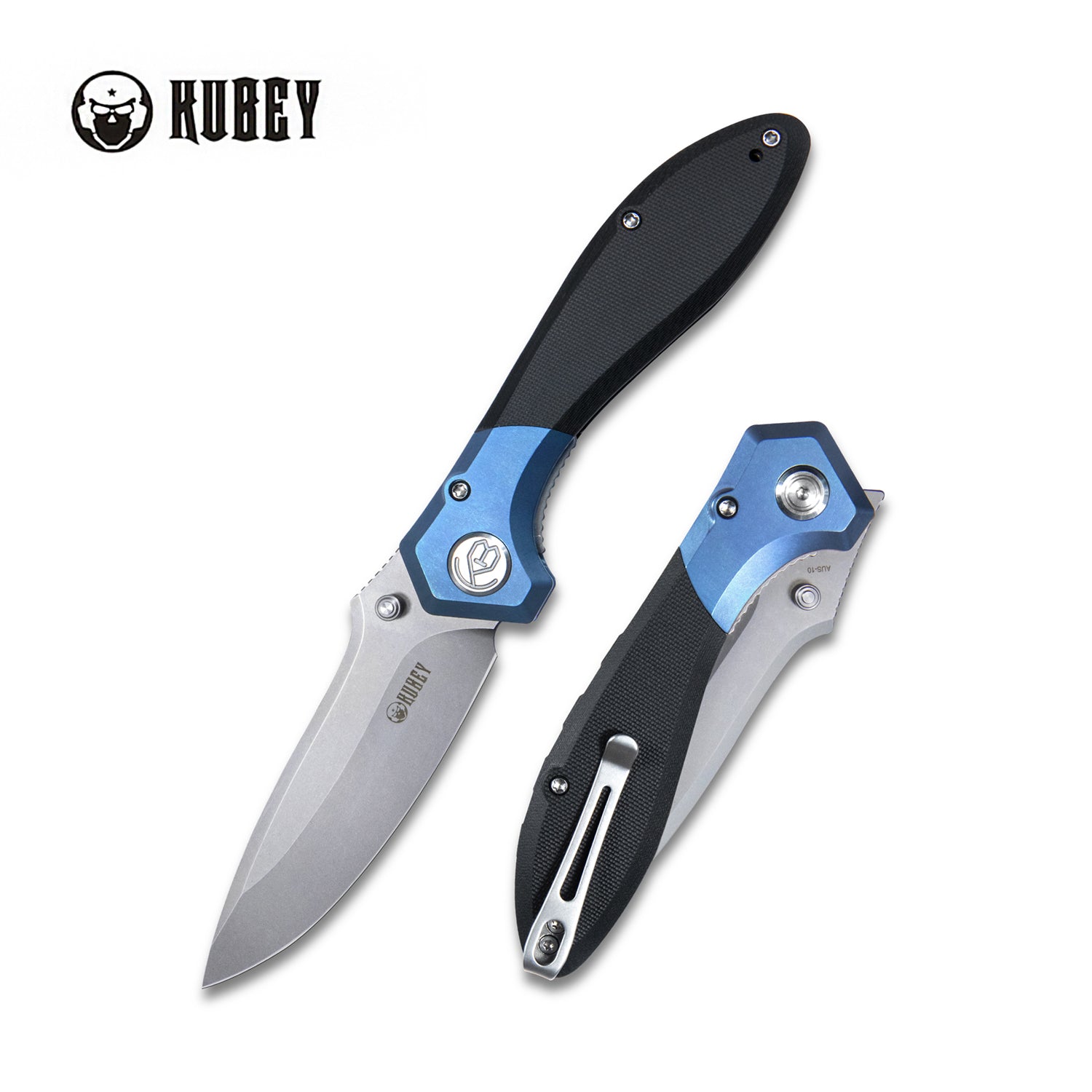 Ruckus Liner Lock Folding Knife Blue Titanium Head and Black G10 Handle 3.31" Bead Blasted AUS-10 KU314A