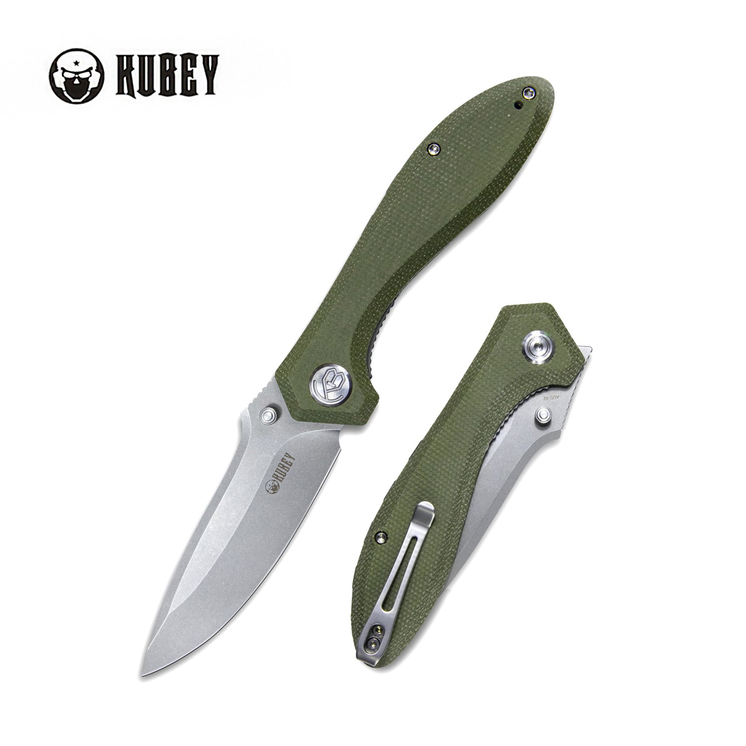 Kubey Ruckus Klappmesser Liner Lock Folding Knife Green Micarta Handle 3.31" Bead Blasted AUS-10 KU314E